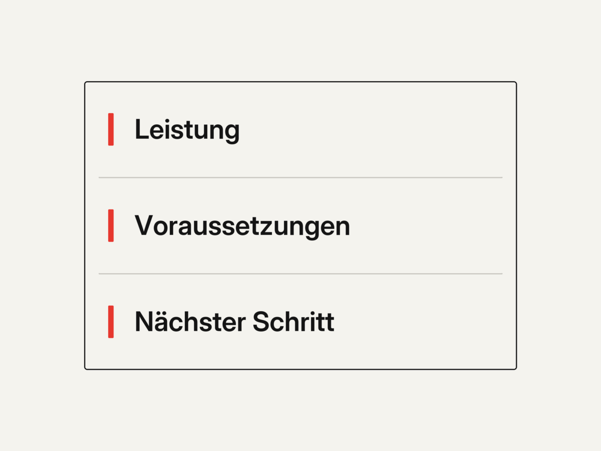 Eine verständliche Leistungsseite beschreibt Leistung, Voraussetzungen und den nächsten Schritt.