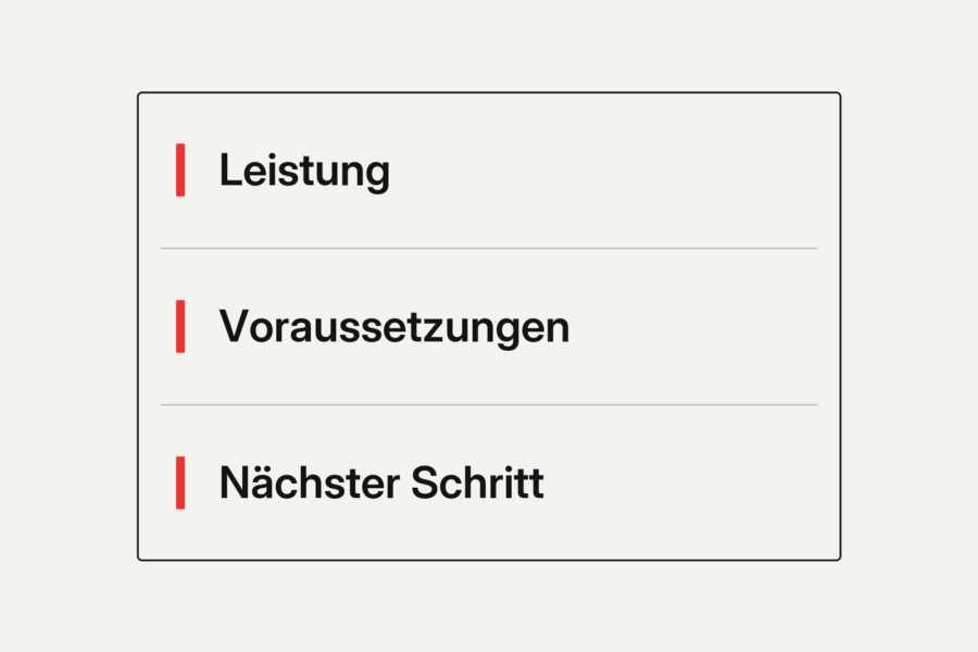 Eine verständliche Leistungsseite beschreibt Leistung, Voraussetzungen und den nächsten Schritt.
